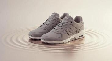A pair of gray sneakers featuring a clean and modern design with a white sole, offering a casual yet stylish look perfect for everyday wear and versatility photo