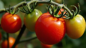 A cluster of ripe red tomatoes hanging on a vine, showcasing their vibrant color and fresh, natural appearance, perfect for a healthy, organic food scene photo