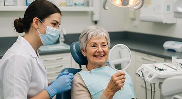 A female patient at the dentist's office, sitting in a chair and looking in the mirror after her appointment, with a calm expression as she checks her teeth photo