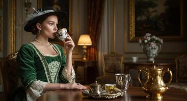A woman dressed in an elegant 18th-century gown and elaborate hat, sipping coffee at a table, with her attire reflecting the opulence of the period and the calm, refined atmosphere of the scene photo