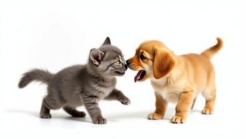 A playful kitten and a puppy interacting with each other, displaying their adorable, fun-filled moments as they chase and frolic, embodying the joy of friendship between animals photo