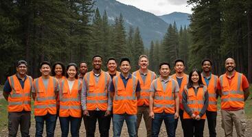 A group photo of workers wearing hard hats and orange vests, standing together in a forest setting, symbolizing teamwork and safety in an outdoor work environment
