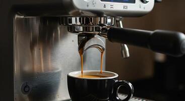 An espresso machine in action, pouring a rich, dark espresso coffee into a cup, with steam rising and showcasing the intensity and freshness of the brewed coffee photo