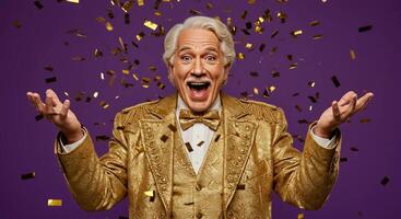 A male entertainer in a gold jacket joyfully throwing confetti, adding excitement and celebration to the atmosphere with vibrant energy. photo