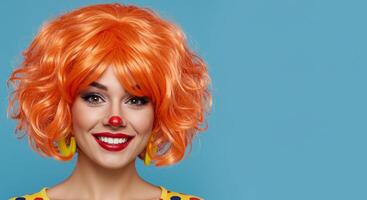A portrait of a smiling young woman wearing a red wig and a clown nose, exuding playful energy and a cheerful, fun-loving vibe photo