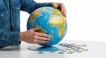 A man carefully assembling a model of the globe from puzzle pieces, symbolizing the importance of unity, collaboration, and environmental awareness photo