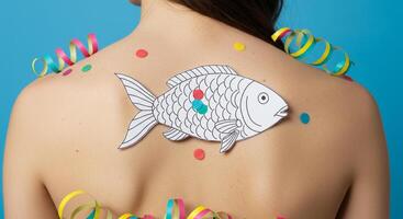 A woman with an April Fools' Day paper fish taped to her back, photo