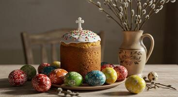 Easter table setting featuring a festive Easter cake, decorated eggs, and willow branches. photo