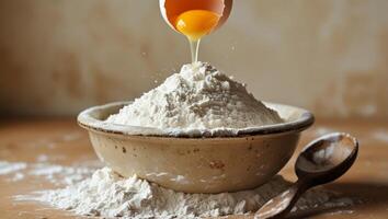 Adding eggs to flour to knead dough photo