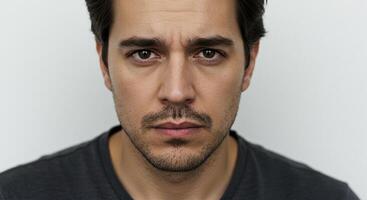 A portrait of a man with a sad expression, reflecting deep emotions and a somber mood. photo