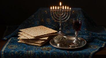A menorah and matzah placed on a table, symbolizing the Jewish celebration of Passover with traditional elements. photo