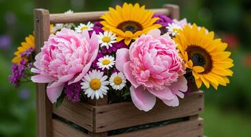 A rustic wooden box filled with fresh, colorful flowers, adding a charming and natural touch to any space. photo