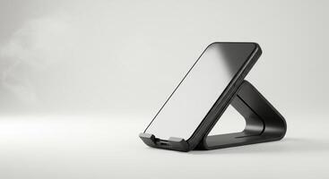 A mobile phone placed on a stand, positioned at an optimal viewing angle on a clean surface. photo