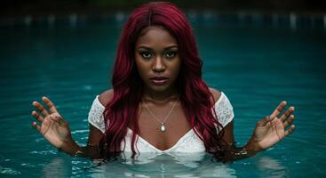 A young woman relaxes in a swimming pool, enjoying the refreshing water and serene atmosphere. photo