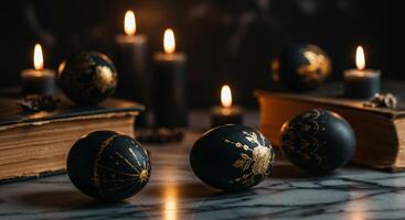 Elegant black Easter eggs with a matte and glossy finish, arranged on a minimalistic background for a modern festive aesthetic photo