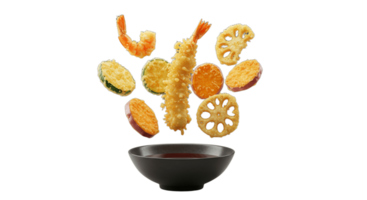 Crispy shrimp floating with fresh lemon slices png