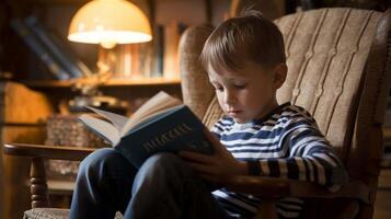 Young boy engrossed in reading a book photo