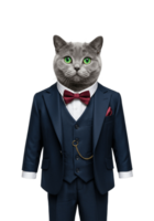 Gray Cat in Suit and Bow Tie on Transparent Background png