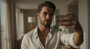 Smiling young man capturing a selfie moment photo