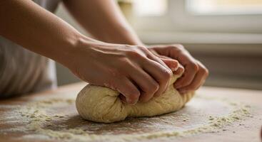 Hands kneading dough on a floured surface photo