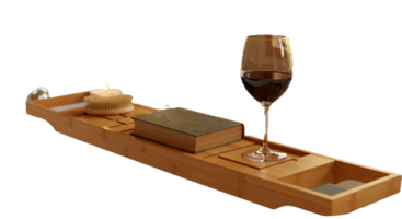 Wooden bath tray with book and wine glass on transparent background png