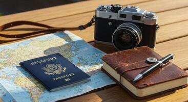 Passport, map, and camera on table as travel concept photo