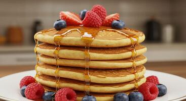 Stack of pancakes with syrup and berries photo