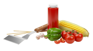 Fresh vegetables, ketchup, and spatula on transparent background png