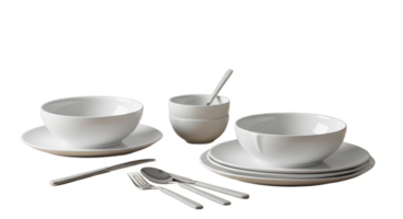 White dinnerware set isolated on transparent background png