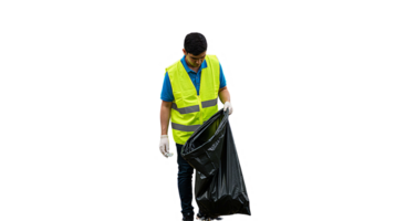 Young man in a yellow vest picking up trash in a large trash bag on transparent background png