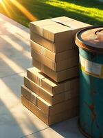 Neatly Stacked Flattened Cardboard Boxes by Rusty Recycling Bin in Summer photo