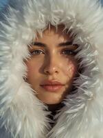 Elegant Woman in Fur Hood Close-Up Winter Portrait photo