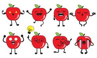 Cute Red Apple Characters with Funny Expressions and Emotions Cartoon Fruit Icons Set for Kids, Education, Healthy Food, and Emoji Concepts vector