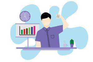 Successful Businessman Celebrating Growth with Graph Illustration. Flat style vectorillustration of a happy businessman raising his arm in success while sitting at a desk vector