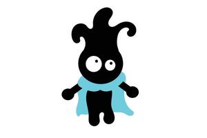 Creative Black Cartoon Mascot with Blue Cloak AbstractVector Design. A creative abstract cartoon character in black silhouette style with large expressive eyes and blue superhero cape. vector