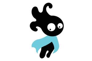 Creative Black Cartoon Mascot with Blue Cloak AbstractVector Design. creative abstract cartoon character in black silhouette style with large expressive eyes and a blue superhero cape. vector