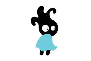 Creative Black Cartoon Mascot with Blue Cloak AbstractVector Design. A creative abstract cartoon character in black silhouette style with large expressive eyes and a blue superhero cape. vector