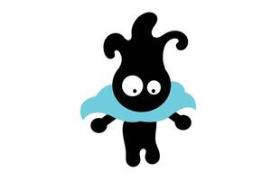 Creative Black Cartoon Mascot with Blue Cloak Abstract Design. A creative abstract cartoon character in black silhouette style with large expressive eyes and a blue superhero cape vector