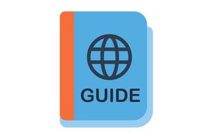 Travel Guide icon - An open book or pamphlet with global symbols, representing tourist information or city guides vector