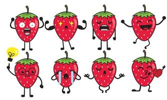 Strawberry fruit icons in charming styles showing love, joy, crying, yoga and fun. Designed for childrens content, healthy food education and vibrant fruit themed graphics vector