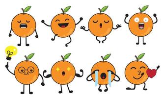 Funny Orange Fruit Characters with Emotions Cartoon Citrus Icons Set for Kids, Education, Emoji, and Healthy Food Concepts vector