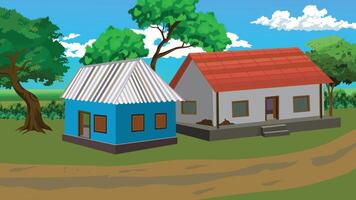 A blue and red house situated in a grassy field. The blue house is smaller in size compared to the red house, which is located further away from the blue house. The houses are surrounded by trees vector