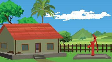 Indian Village Background with Red Tiled Roof House, Hand Pump, Palm Trees and Hills Rural Cartoon Scene for Animation Videos, Storytelling Projects and Educational Content vector