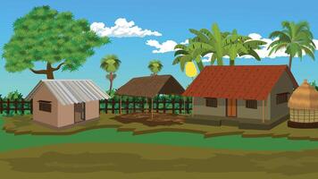 A cartoon drawing of a village with a few houses and a palm tree. The houses are small and made of straw. Scene is peaceful and simple vector