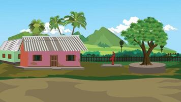 Indian Cartoon Village Background. Rural Landscape with Traditional Mud Houses, Palm Trees, and Mountains Ideal for Animation, Educational Videos and Explainer Projects vector