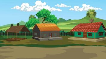 Cartoon Indian Village Background with Traditional Tiled Roof Houses, Trees, Hay Shed, and Mountains. Rural Scene Perfect for Animation, eLearning, Story-Based and Educational Projects vector