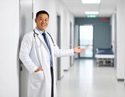 image of a doctor in medical uniform standing at the edge of the frame gesturing to invite into a hospital examination room. photo