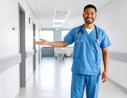 image of a nurse in uniform standing at the edge of the frame gesturing to welcome a patient into a clean hospital examination room. photo