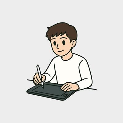 A man is writing on a tablet with a pen