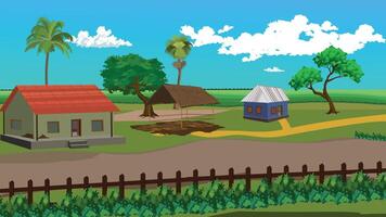 A small village with a red house and a blue house. The houses are surrounded by a fence and there is a road in the background. The scene is peaceful and serene vector
